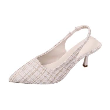 Imagem de Sandálias femininas versáteis de bico fino elástico fechado de salto alto para verão e outono, elegante e doce, Branco, 38
