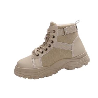 Imagem de Botas femininas modernas, casuais, estilo britânico, cano baixo, sola grossa com cadarço e salto plataforma, Caqui, 38