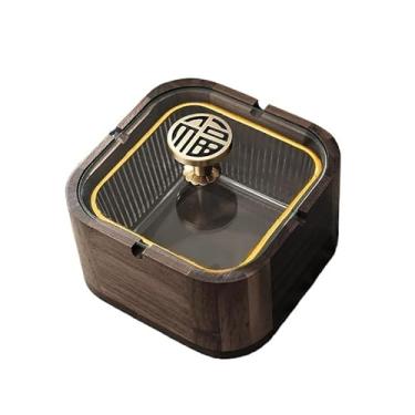 Imagem de Cinzeiro novo estilo chinês criativo leve luxuoso nogueira cinzeiro de madeira maciça para casa sala de estar escritório quadrado com capa para evitar cinzas moscas bandeja de fumaça (A)