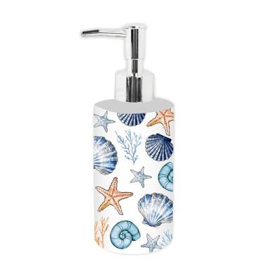 Imagem de JarThenaAMCS Dispensador de sabão Summer Ocean Dispensador de vidro com bomba recarregável concha do mar estrela do mar recipiente de sabão líquido para praia costeira casa cozinha banheiro bancada