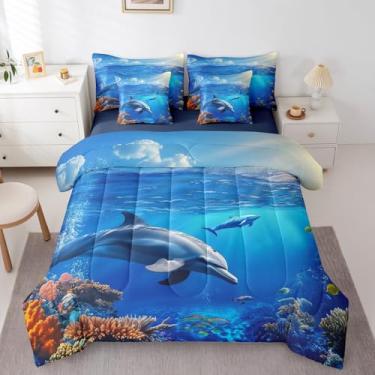 Imagem de Erosebridal Jogo de cama King com golfinho em uma bolsa, 7 peças, oceano azul, tropical costeiro, conjunto de cama com edredom, animais marinhos náuticos
