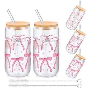 Imagem de Skylety 2 peças de copos de vidro de dia dos namorados de 473 ml, copos que mudam de cor com tampas e canudos, caneca para beber copo de café gelado com laço rosa, presentes de casamento para ele e