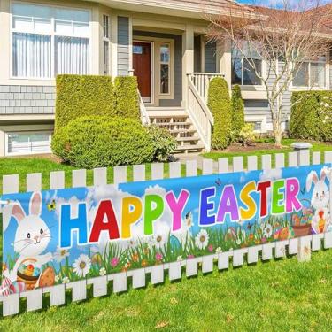 Imagem de Happy Easter Banner Decorações Placa de pátio de Páscoa 304,8 cm x 50,8 cm Suprimentos de festa de Páscoa para decoração de primavera Páscoa ao ar livre jardim interno gramado quintal varanda cerca