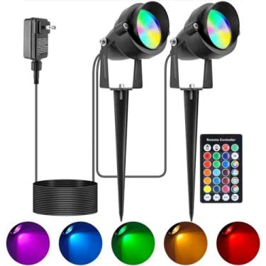 Imagem de Miabiual Holofotes de Natal para ambientes externos com temporizador, 10 W de metal RGB LED para paisagem com 16 mudanças de cor para quintal, casa, jardim, decoração de férias (2 luzes)