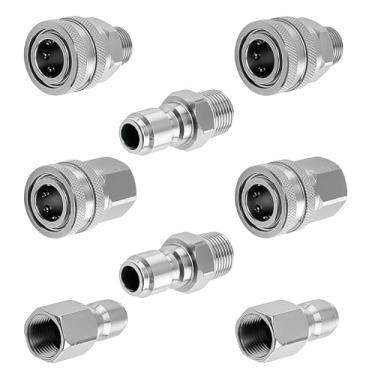 Imagem de maXpeedingrods Lavadora de alta pressão, conexão rápida de 9,5 cm, acessórios de mangueira de conexão rápida, conjunto de adaptadores de aço inoxidável com rosca NPT, acessórios de lavadora de pressão