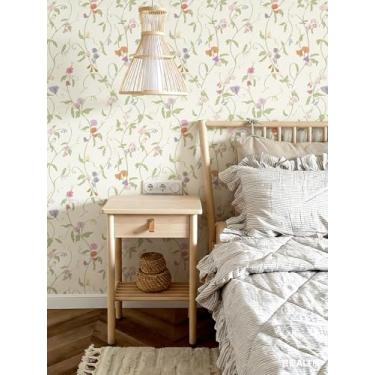 Imagem de YXTII Papel de parede floral vintage de 43 cm × 78 cm, papel de parede floral colorido, base bege, papel de contato autoadesivo removível para quarto de bebê, banheiro