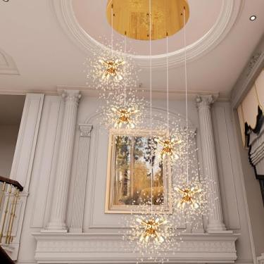 Imagem de Wellmet Lustre de cristal dourado para sala de jantar, lustre de fogo de artifício com 5 luzes, luminária alta de teto moderno de meados do século, lustres contemporâneos de dente-de-leão para quarto