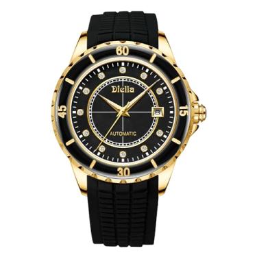 Imagem de Diella Relógios automáticos masculinos com jade e aço inoxidável, relógios de pulso masculinos com strass relógio mecânico à prova d'água de luxo (modelo: AD6020), Preto