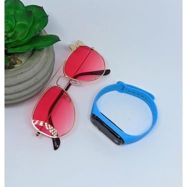 Imagem de Kit Relógio Led Infantil Band Bracelete Silicone Menina + Óculos de Sol Aviador Lacinho Flexível aço Proteção Uv400
