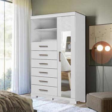 Imagem de Comoda 1 Porta 6 Gavetas Marabá Com Espelho E Pés Branco Brilho - Santos Andirá