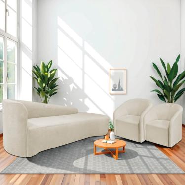 Imagem de Kit Sofá Curvo França 180cm Ld. E 2 Poltronas Luiza Max Conforto, Elegância E Design Moderno Bouclé Bege