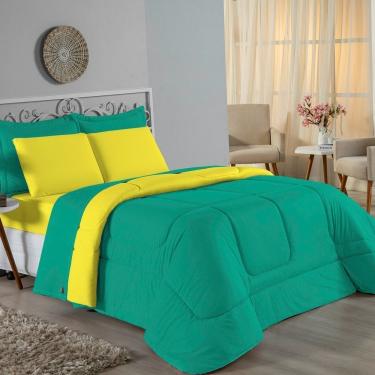 Imagem de Kit Edredom Dupla Face + Jogo De Lençol Casal Nobre 6 Peças Malha 100% Algodão - Jade / Amarelo