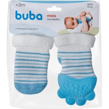 Imagem de Meia Par Com Mordedor Silicone Gengiva Bebê Buba Infantil Azul