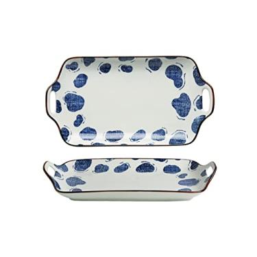 Imagem de Prato de macarrão chinês feito à mão cerâmica prato de jantar duplo isolado grande retangular cozido no vapor 30 cm pratos de jantar de porcelana oval (cor: A)