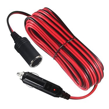 Imagem de KUNCAN Cabo de extensão para isqueiro de cigarro de 7,6 m – 7,6 m 12 V/24 V macho para adaptador de soquete fêmea 14 AWG cabo de extensão resistente com luz de LED, fusível de 15 A para bomba de pneu de carro, compressor de ar