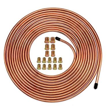 Imagem de MuHize Kit de tubulação de freio atualizado - 25 pés de tubo flexível revestido de cobre 3/16, rolo de 7,6 m 3/40.6 cm (inclui 16 acessórios)