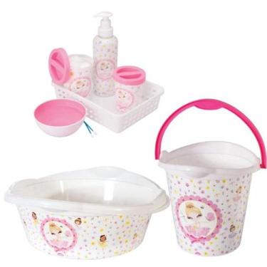 Kit Banheira Bebe Infantil Adoleta + Bacia + Balde + Lixeira + Saboneteira  - Rosa e Neutro