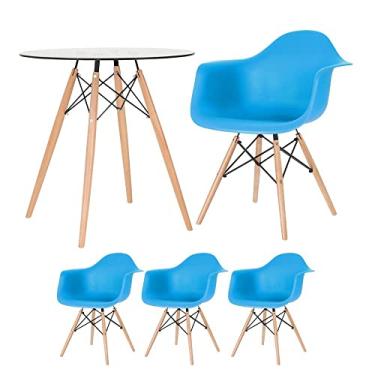 Imagem de Kit - Mesa redonda de vidro Eames 70 cm + 3 cadeiras Eiffel Daw azul céu