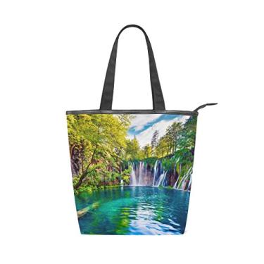 Imagem de Bolsa feminina de lona durável com estampa de cachoeira verde e grande capacidade sacola de compras