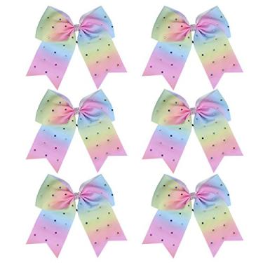 Imagem de Laço de líder de torcida Jumbo de 20 cm com strass e suporte de rabo de cavalo para torcida gravata de cabelo 6 peças Faculdade, Light Rainbow