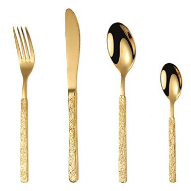 Imagem de Conjunto de talheres dourados martelados de 64 peças para 16, conjuntos de talheres de aço inoxidável premium 18/10, conjunto de talheres multiuso para casa, cozinha, restaurante, hotel, utensílios de mesa