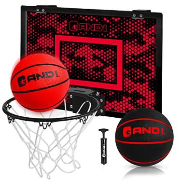 Imagem de AND1 Mini cesta de basquete: 18" x 12" pré-montado portátil sobre a porta com aro flexível, inclui dois mini basquetebol vazio de 12,7 cm com bomba, para interior, vermelho/preto