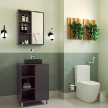 Imagem de Gabinete de Banheiro 60cm Julia com Balcão 1 Porta Correr e Espelheira com Cuba Preta Grafite