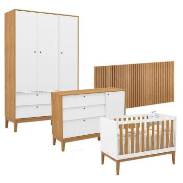 Imagem de Quarto de Bebê Unique 3 Portas com Cômoda Sapateira e Painel Ripado Branco Soft Freijó Eco Wood - Matic
