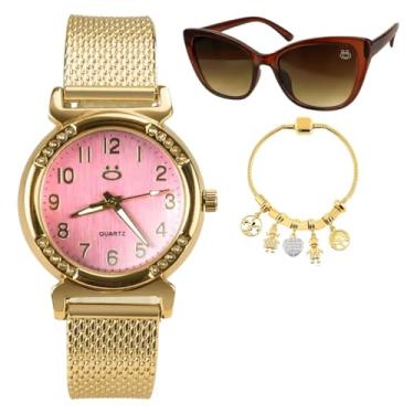 Imagem de Relógio Feminino Analógico Aço Inox A Prova D'Agua Dourado Personalizável com Óculos de Sol Moderno Lentes Polarizadas UV400 Proteção Solar e Pulseira Berloque Estilo Pandora Dourada (Mostrador Rosa)