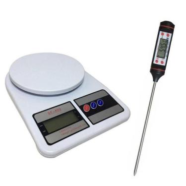 Imagem de Balança Digital Cozinha Até 10 Kg + Termômetro Culinário - Logospan