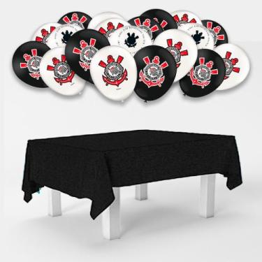 Imagem de Kit festa Corinthians Decor Toalha Preta Plástica +25 balões - Festcol
