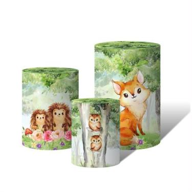 Imagem de Trio Capas Para Cilindro Animais do Bosque Aquarelado Flores e Cogumel