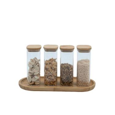 Imagem de Kit 4 potes de vidro herméticos com tampa de bambu quadrados 250ml e b