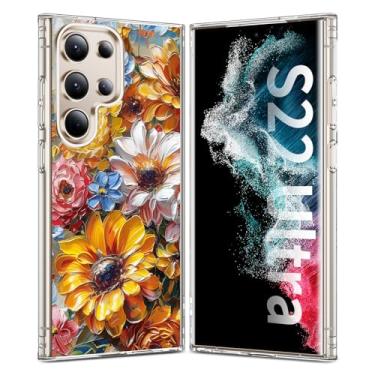 Imagem de YSLBWLE Capa magnética para Galaxy S22 Ultra transparente, [compatível com magnético] Capa magnética fina e de proteção de nível militar (flores de pintura a óleo) 25-s22u-03