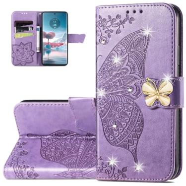 Imagem de Dinglijia Capa carteira para Motorola Edge 40 Neo, capa de couro PU padrão borboleta com fecho magnético e slots de cartão de dinheiro para Moto Edge 40 Neo, strass roxo claro