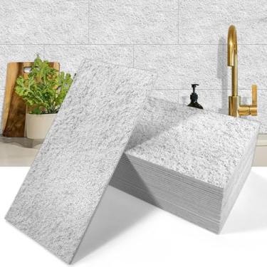 Imagem de 50 peças de azulejo de metrô de PVC espesso, azulejos de parede de 10 x 20 cm, revestimento autoadesivo branco de pedra natural para cozinha, banheiro, salas de estar, lareira, trailer (11,11 pés