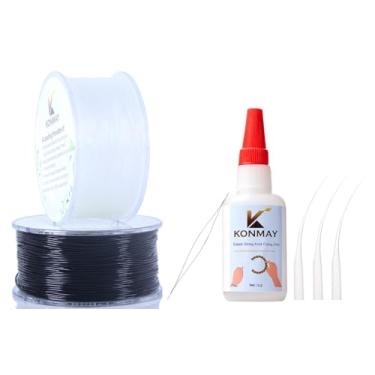 Imagem de KONMAY Kit de corda de pulseira elástica de cristal de 0,6 mm - 2 rolos de cordão elástico transparente e preto, cola transparente para fixação de nó elástico, agulhas de miçangas