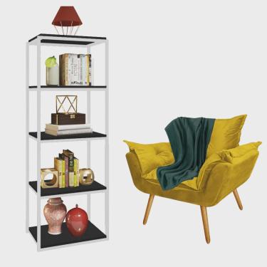 Imagem de Kit Poltrona Fatte com Manta Soft Verde e Estante Livreiro Ferro Branco mdf Preto Suede Amarelo - Ahz Móveis