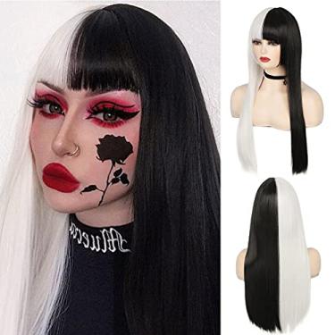 Imagem de Sallcks Perucas pretas e brancas com franja, longas, retas, meio-brancas, perucas sintéticas divididas em cores, cosplay para festas de Halloween