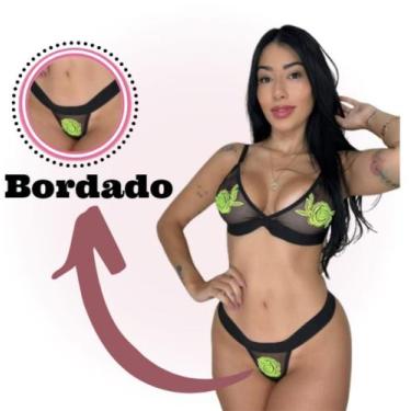 Imagem de Calcinha e Sutia de Tule Preto Transparente Bordado Neon - robernan, T