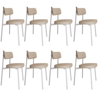 Imagem de Kit 08 Cadeiras Estofada Para Sala De Jantar Astrid Branco C01 Linho Areia - Lyam Decor