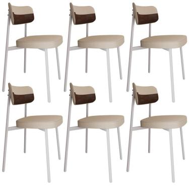 Imagem de Kit 06 Cadeiras Estofada Para Sala De Jantar Astrid Branco C01 Linho Areia Courino Whisky - Lyam Decor