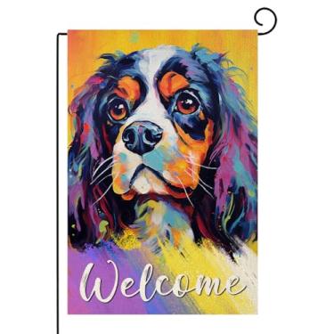 Imagem de TopPacific Cavalier-King-Charles Spaniel Welcome Garden Flag Dogs Paw Prints Spring Yard Flag Pet Lovers Gift 12x18 polegadas Dupla Face Pets Welcome People Tolerated Burlap Yard Sign (10026)