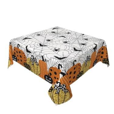Imagem de Toalha de mesa quadrada de Halloween, 132 x 132 cm, preta, laranja, dourada, abóbora, teia de aranha, tema de férias, assustadora, decoração de Halloween, casa de fazenda, para festa interna, cozinha