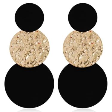 Imagem de Brincos pendentes longos de liga redonda feitos à mão - Brincos de disco redondo vintage dos anos 60, 70 e 80 anos 80 - Brinco feminino boho leve de verão para praia, Large, Metal, Sem pedra preciosa