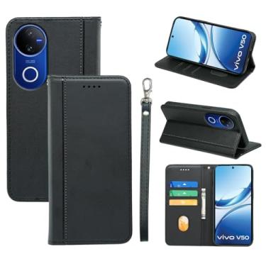 Imagem de MAOUICI Capa carteira para Vivo V50 (6,8 polegadas), compartimentos para cartão de couro, capa protetora de couro preta