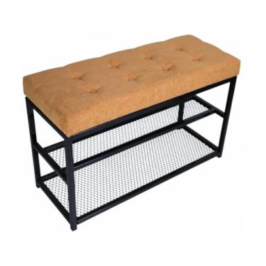 Imagem de Banco Sapateira 80cm Industrial Estofado Boucle Capitone Botonê Macio Com Tela Hall De Entrada 8 Pares (Amarelo)