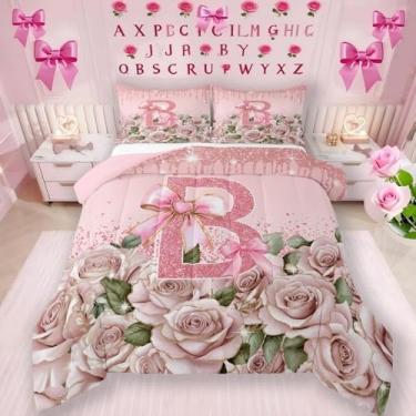 Imagem de Erosebridal Conjunto de edredom com letra A a Z, personalizado, letra B, solteiro, monograma, laço rosa, romântico, edredom kawaii