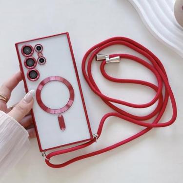 Imagem de Capa transparente com cordão para Samsung S24 S23 S22 S21 Ultra Plus, capa magnética com cordão para carregamento sem fio, vermelha, para S23ULTRA