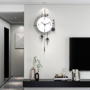 Imagem de JTWALCLOCK Relógio de parede moderno para decoração de sala de estar, relógio de parede grande decorativo de metal com pêndulo de 35,5 cm, preto, silencioso, exclusivo, operado por bateria, sem